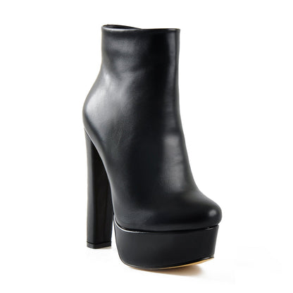 Black Platform Round Toe Chunky Heel Ankle Boots - Onlymaker