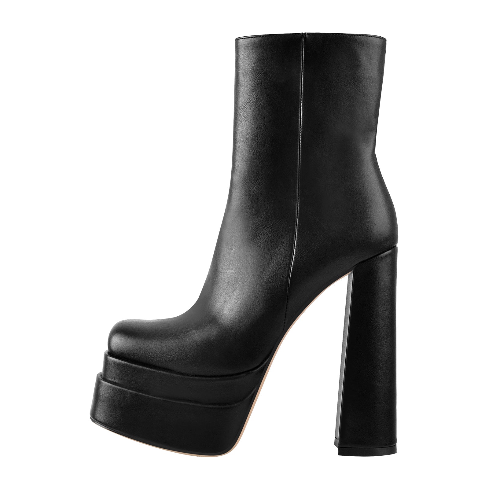 Square Toe Black Double Platform Block Heel Boots - Onlymaker