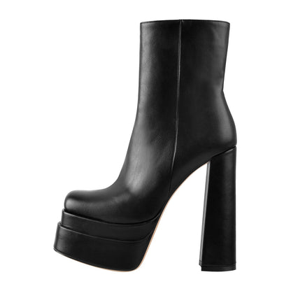Square Toe Black Double Platform Block Heel Boots - Onlymaker