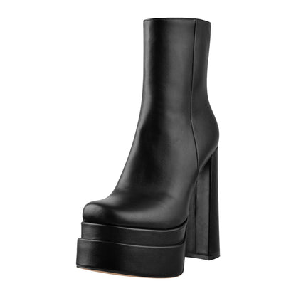 Square Toe Black Double Platform Block Heel Boots - Onlymaker
