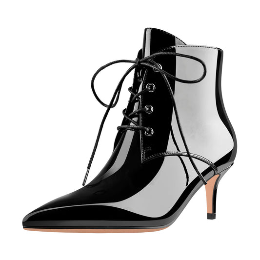 Patent Leather Pointed Toe Lace-up Kitten Low Heel Booties - Onlymaker