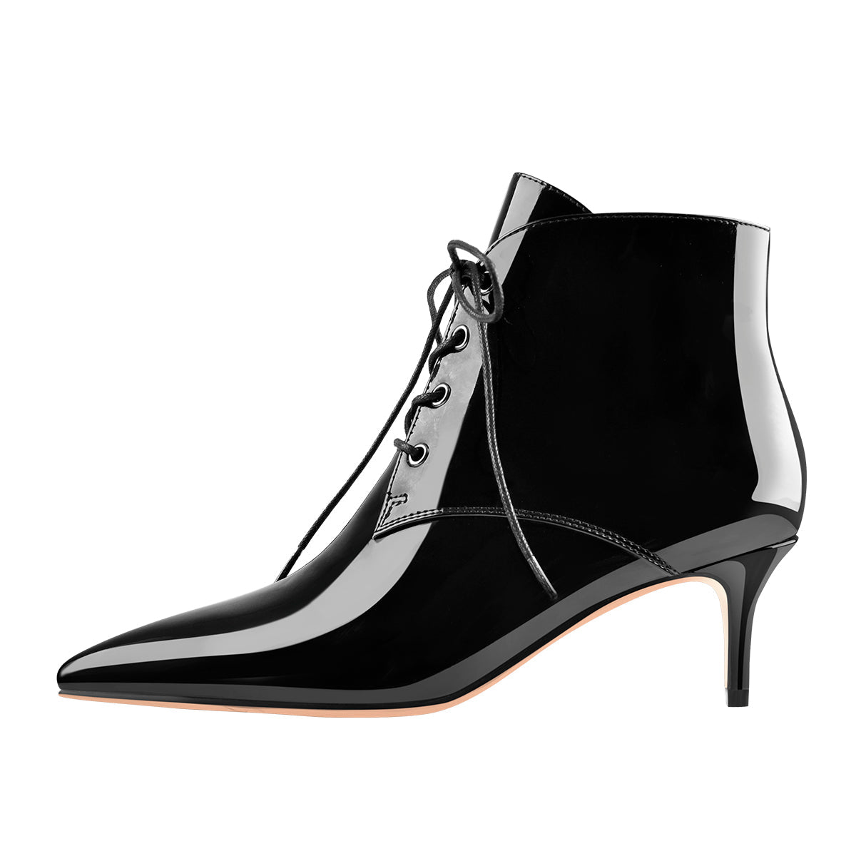 Patent Leather Pointed Toe Lace-up Kitten Low Heel Booties - Onlymaker