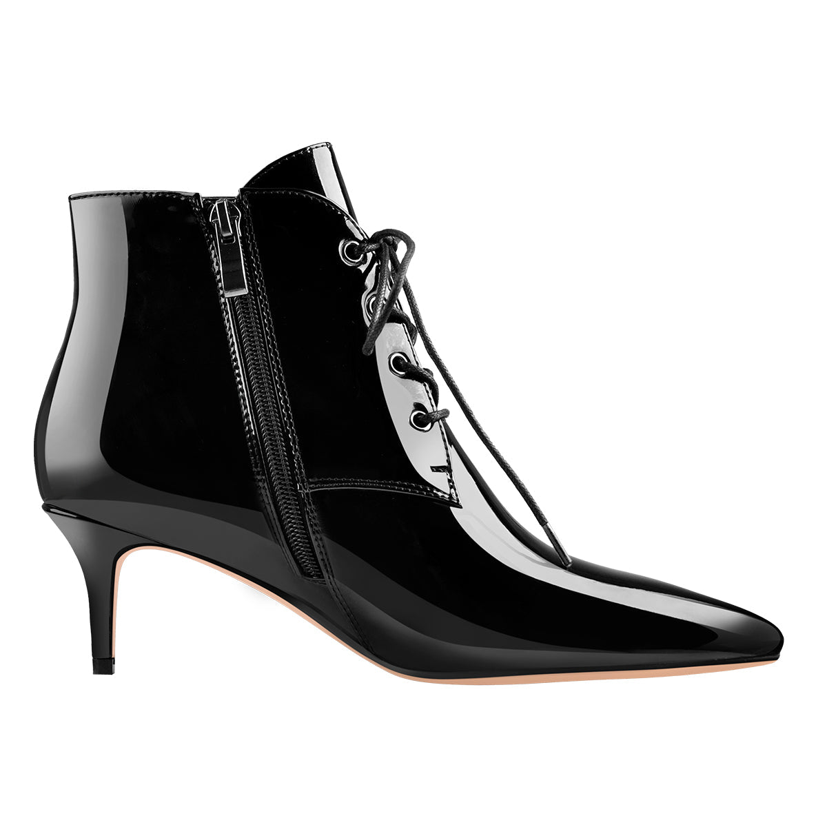 Patent Leather Pointed Toe Lace-up Kitten Low Heel Booties - Onlymaker