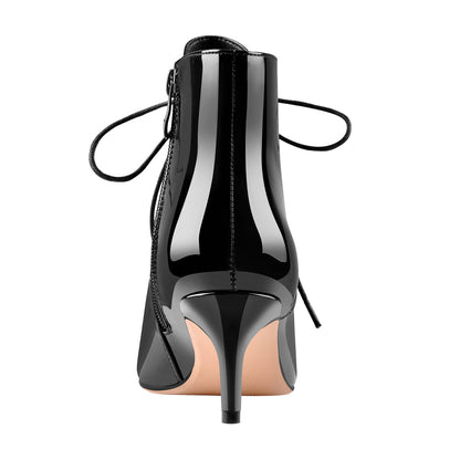 Patent Leather Pointed Toe Lace-up Kitten Low Heel Booties - Onlymaker