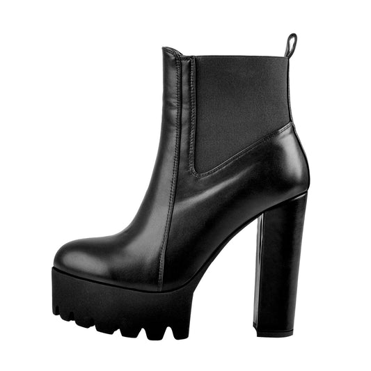 Round Toe Black Matte Leather Platform Chunky High Heel Ankle Boots - Onlymaker