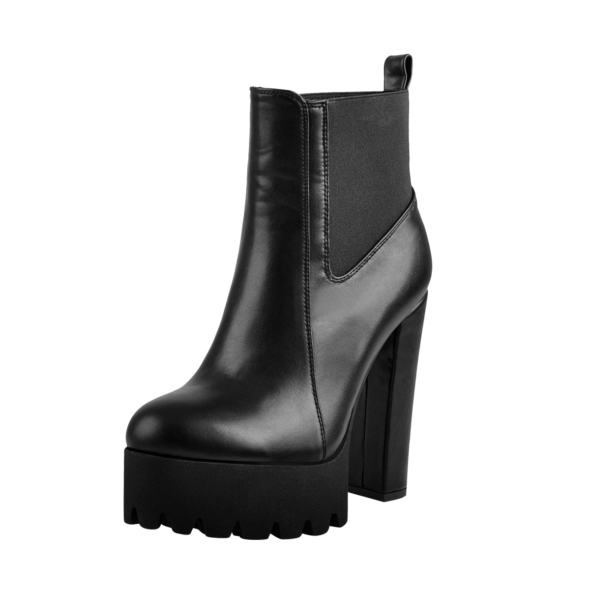 Round Toe Black Matte Leather Platform Chunky High Heel Ankle Boots - Onlymaker