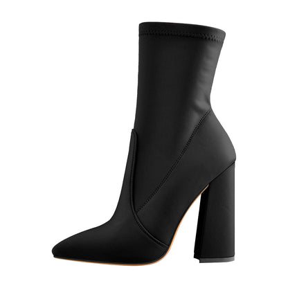Pointed Toe Minimalistic Stretch Block High Heels Ankle Booties - Onlymaker