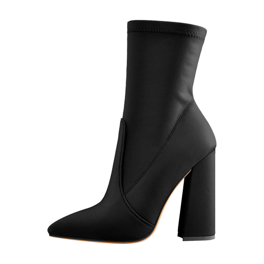 Pointed Toe Minimalistic Stretch Block High Heels Ankle Booties - Onlymaker