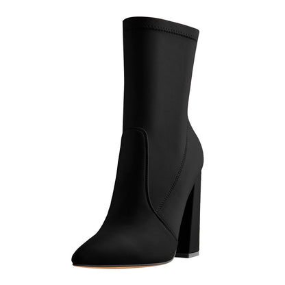Pointed Toe Minimalistic Stretch Block High Heels Ankle Booties - Onlymaker