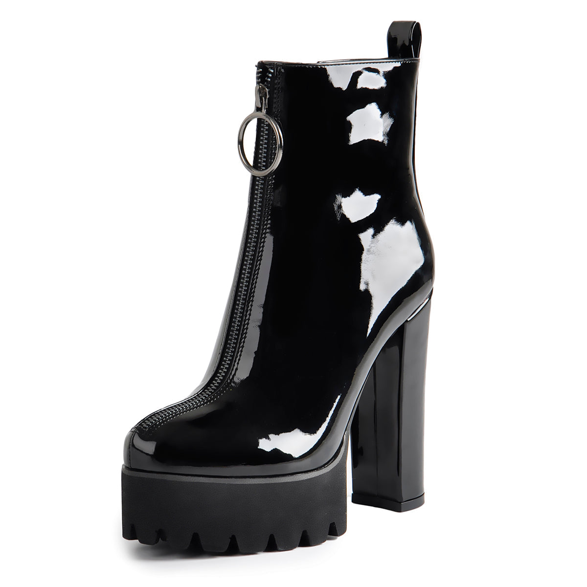 Round Toe Black Patent Leather Platform Chunky High Heel Ankle Boots - Onlymaker
