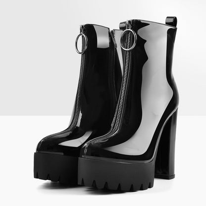 Round Toe Black Patent Leather Platform Chunky High Heel Ankle Boots - Onlymaker