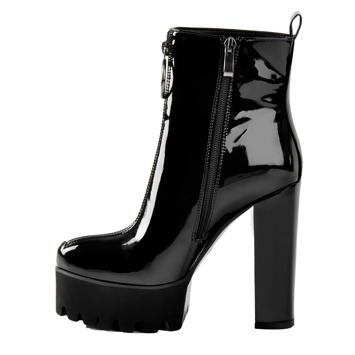 Round Toe Black Patent Leather Platform Chunky High Heel Ankle Boots - Onlymaker