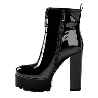 Round Toe Black Patent Leather Platform Chunky High Heel Ankle Boots - Onlymaker