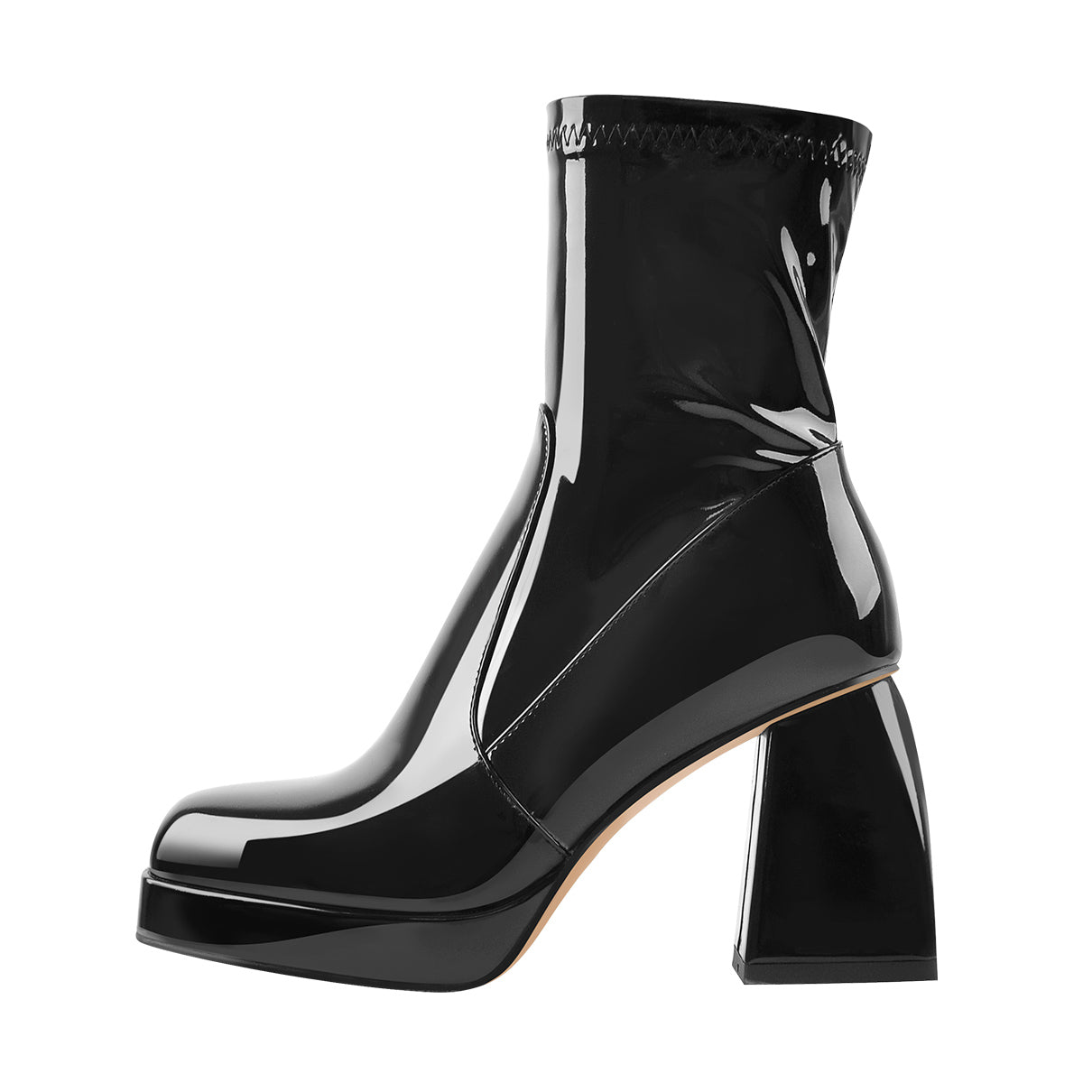 Black Patent Leather Square Chunky Heels Platform Ankle Boots - Onlymaker