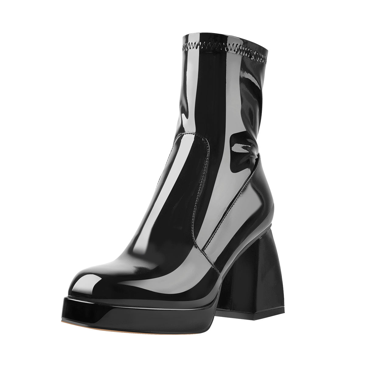 Black Patent Leather Square Chunky Heels Platform Ankle Boots - Onlymaker