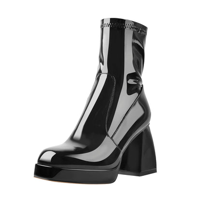 Black Patent Leather Square Chunky Heels Platform Ankle Boots - Onlymaker