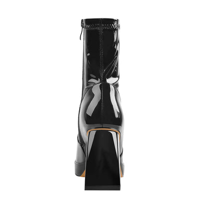 Black Patent Leather Square Chunky Heels Platform Ankle Boots - Onlymaker