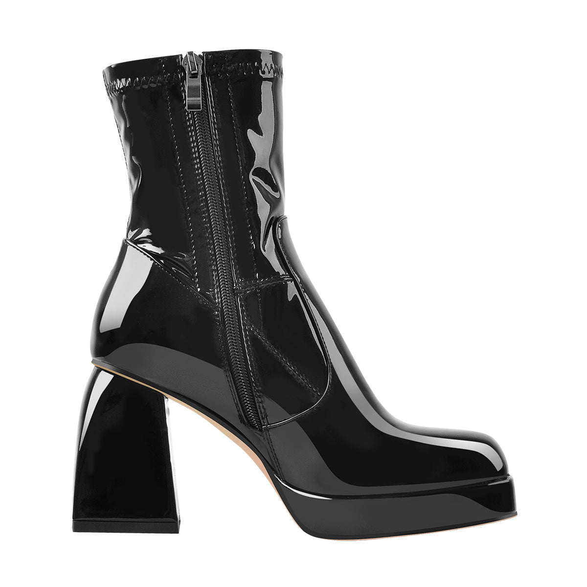 Black Patent Leather Square Chunky Heels Platform Ankle Boots - Onlymaker