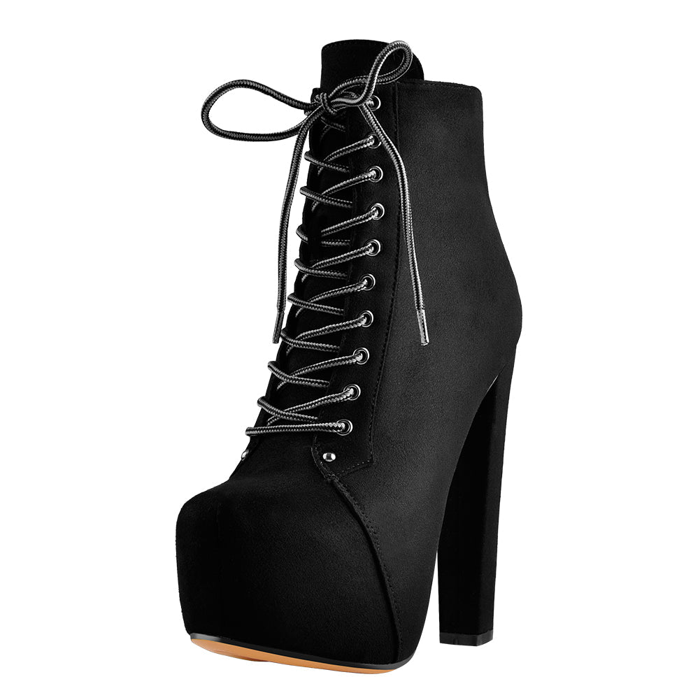 Black Suede Platform Round Toe Chunky Heel Ankle Boots - Onlymaker