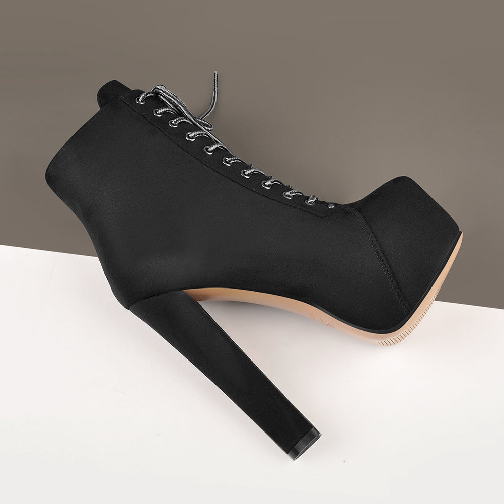 Black Suede Platform Round Toe Chunky Heel Ankle Boots - Onlymaker