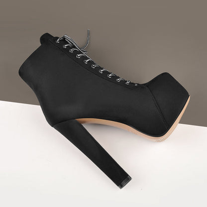 Black Suede Platform Round Toe Chunky Heel Ankle Boots - Onlymaker