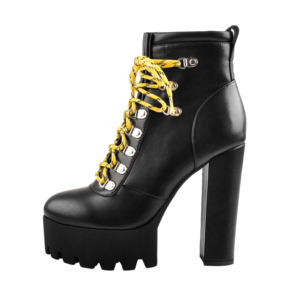 Yellow Strappy Round Toe Platform Chunky Heels Ankle Boots - Onlymaker
