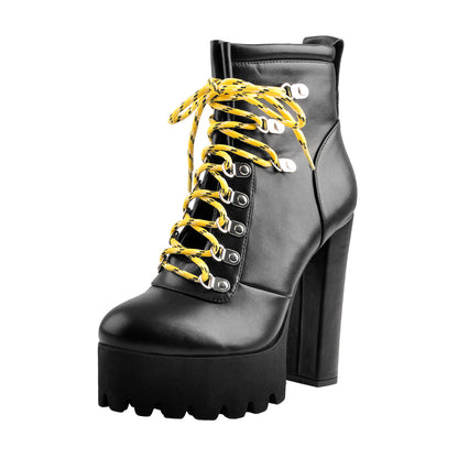 Yellow Strappy Round Toe Platform Chunky Heels Ankle Boots - Onlymaker