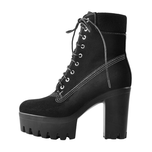 Platform Lace Up Elastic Chunky Heel Ankle Boots - Onlymaker