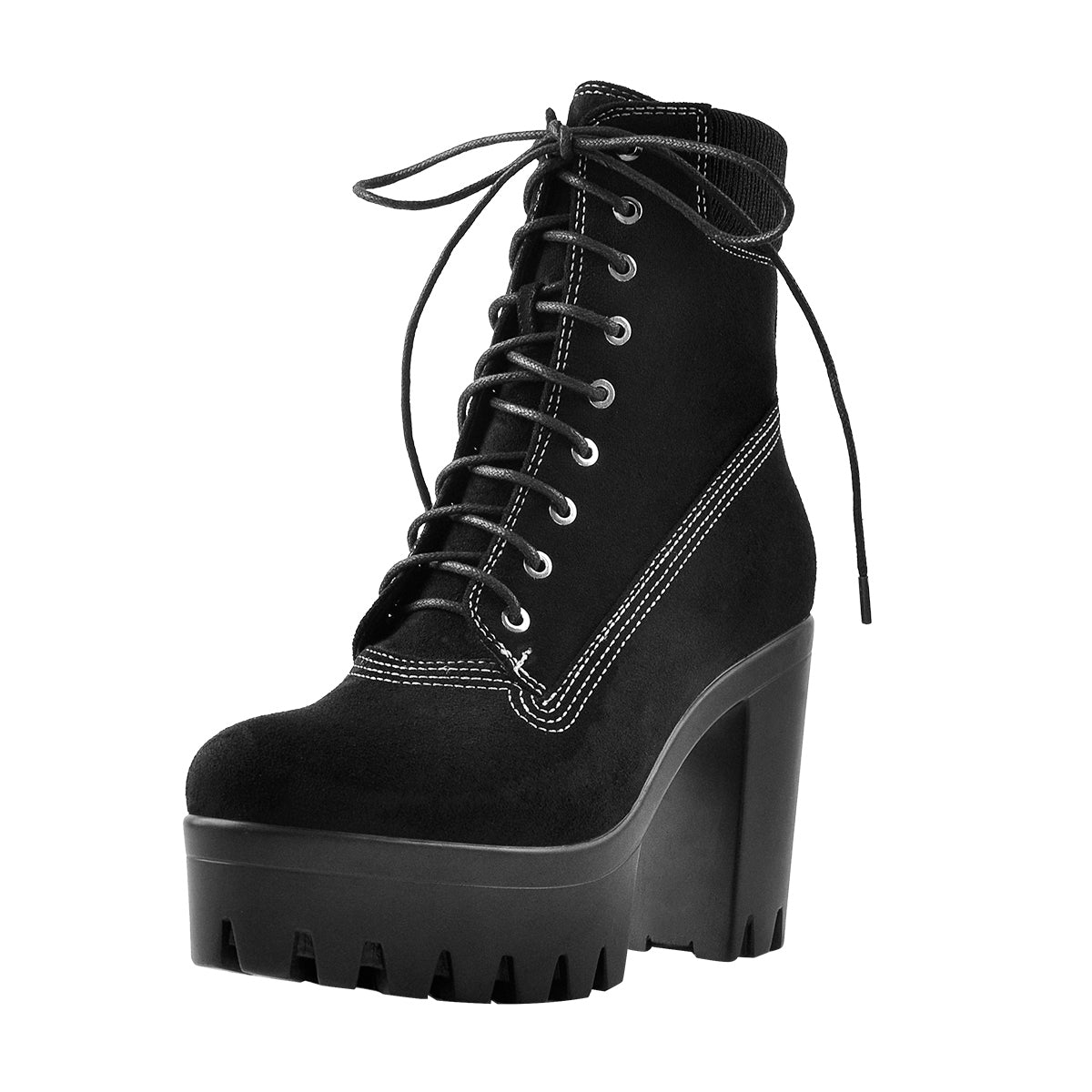 Platform Lace Up Elastic Chunky Heel Ankle Boots - Onlymaker