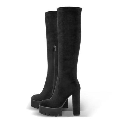 Platform Chunky Heels Round Toe Black Suede Over The Knee Boots - Onlymaker