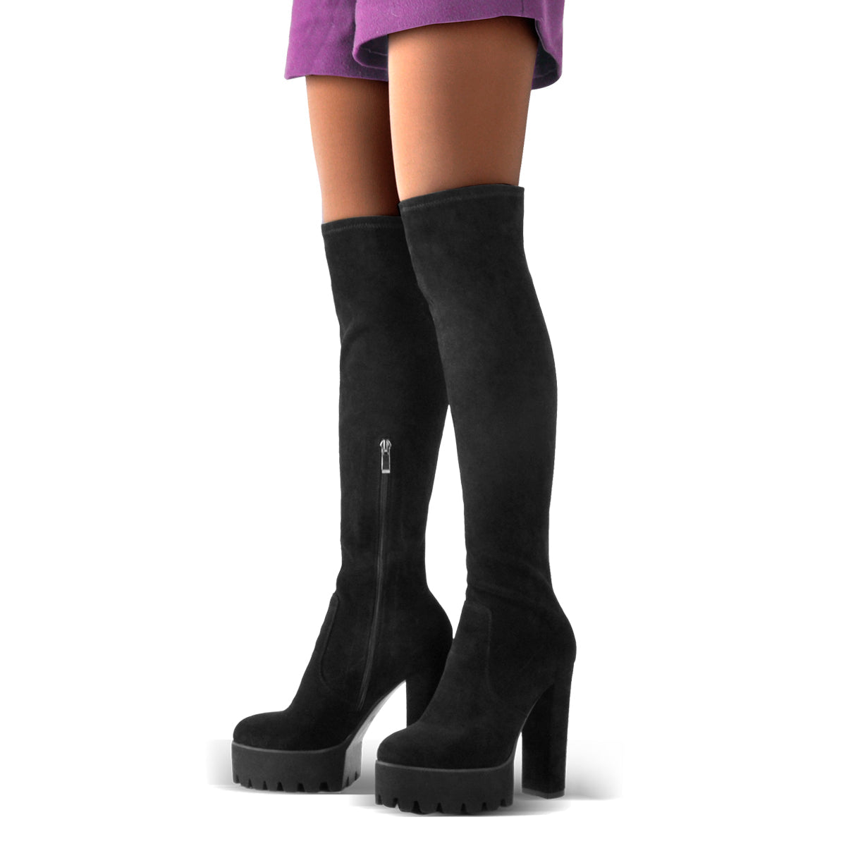 Platform Chunky Heels Round Toe Black Suede Over The Knee Boots - Onlymaker