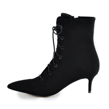 Kitten Low Heel Pointed Toe Lace Up Ankle Boots - Onlymaker
