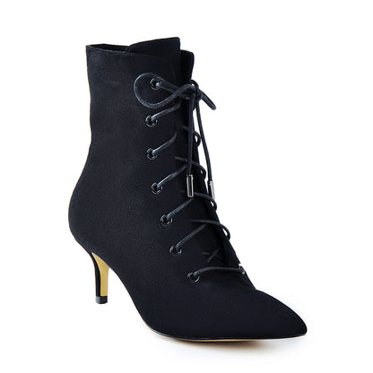 Kitten Low Heel Pointed Toe Lace Up Ankle Boots - Onlymaker