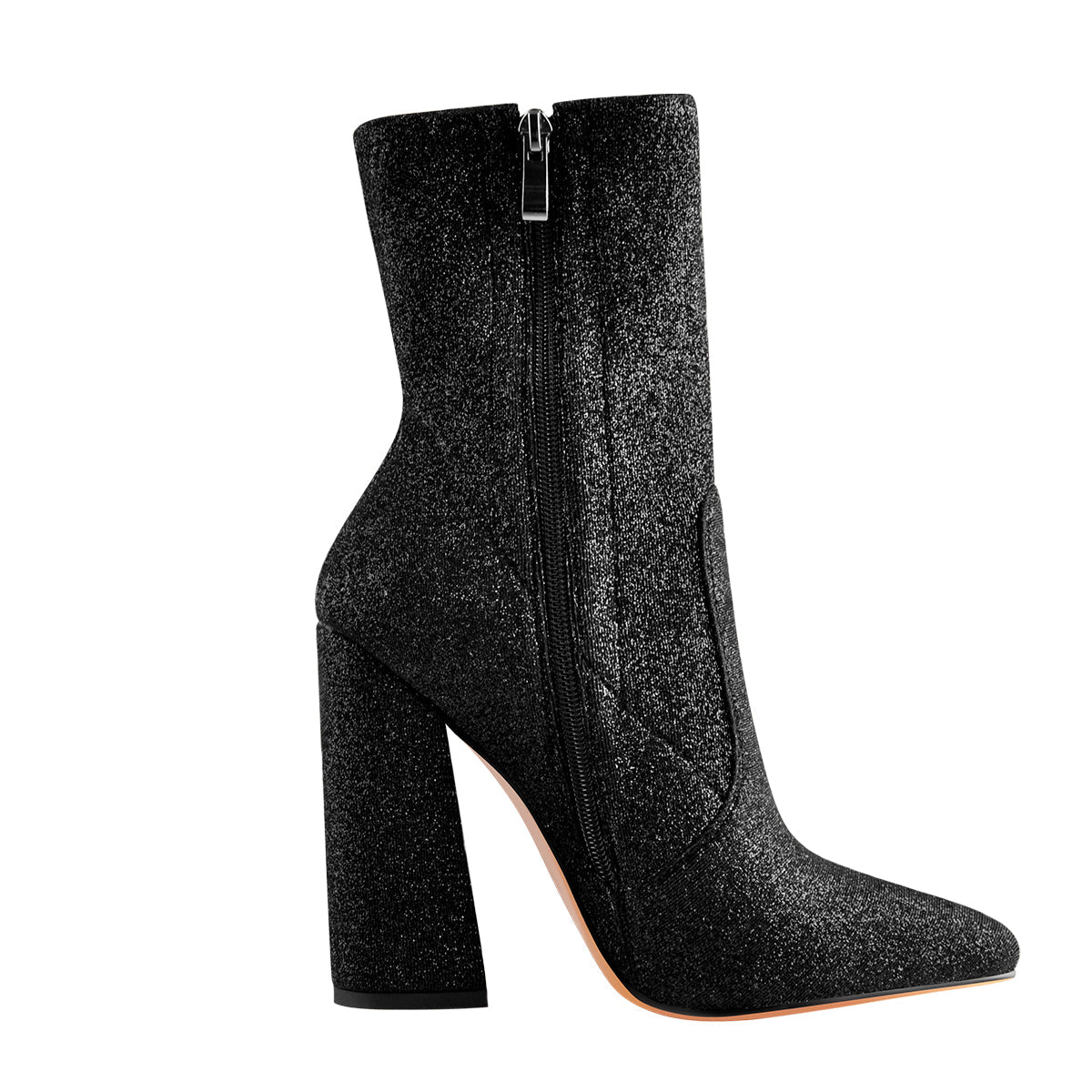 Pointed Toe Glitter Stretch Chunky Block High Heels Ankle Booties - Onlymaker
