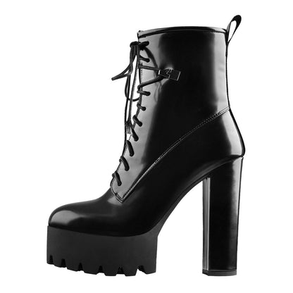 Lace Up Platform Round Toe Chunky Heels Ankle Boots - Onlymaker