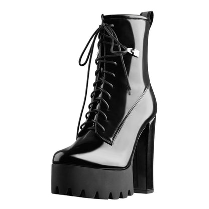 Lace Up Platform Round Toe Chunky Heels Ankle Boots - Onlymaker