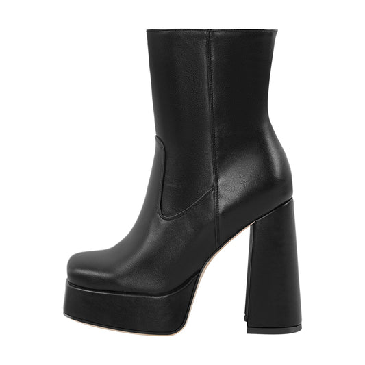 Platform Square Toe Chunky Heel Ankle Boots - Onlymaker