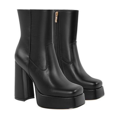 Platform Square Toe Chunky Heel Ankle Boots - Onlymaker