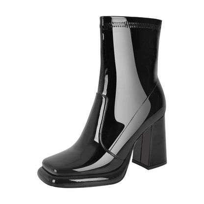 Square Toe Zipper Chunky Heel Platform Ankle Boots - Onlymaker