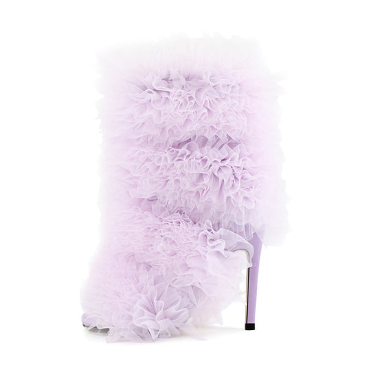 Purple Ruffled Lace Open Toe Stiletto Ankle Boots - Onlymaker