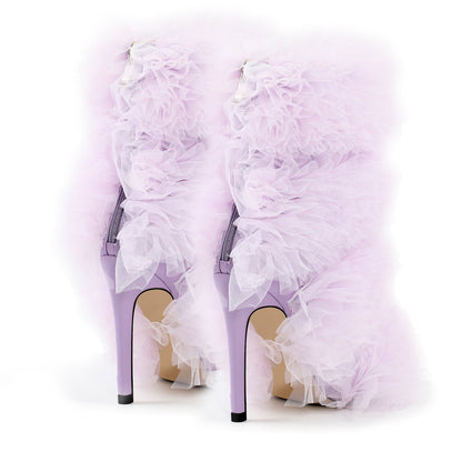 Purple Ruffled Lace Open Toe Stiletto Ankle Boots - Onlymaker