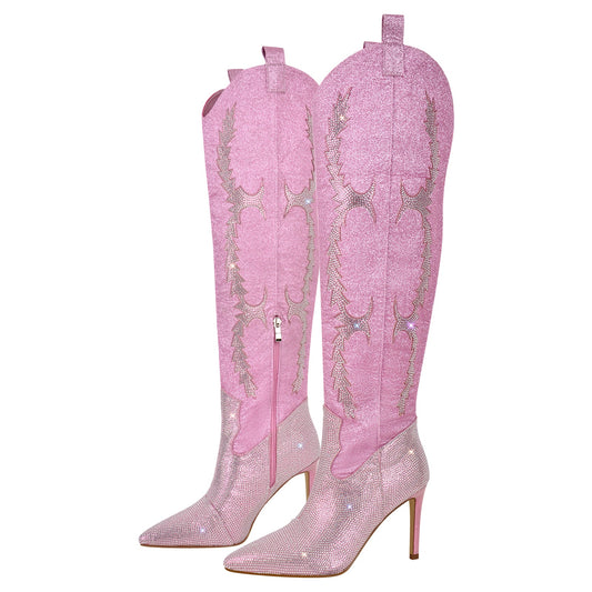Pointed Toe Stiletto Rhinestone Over The Knee Boots - Onlymaker
