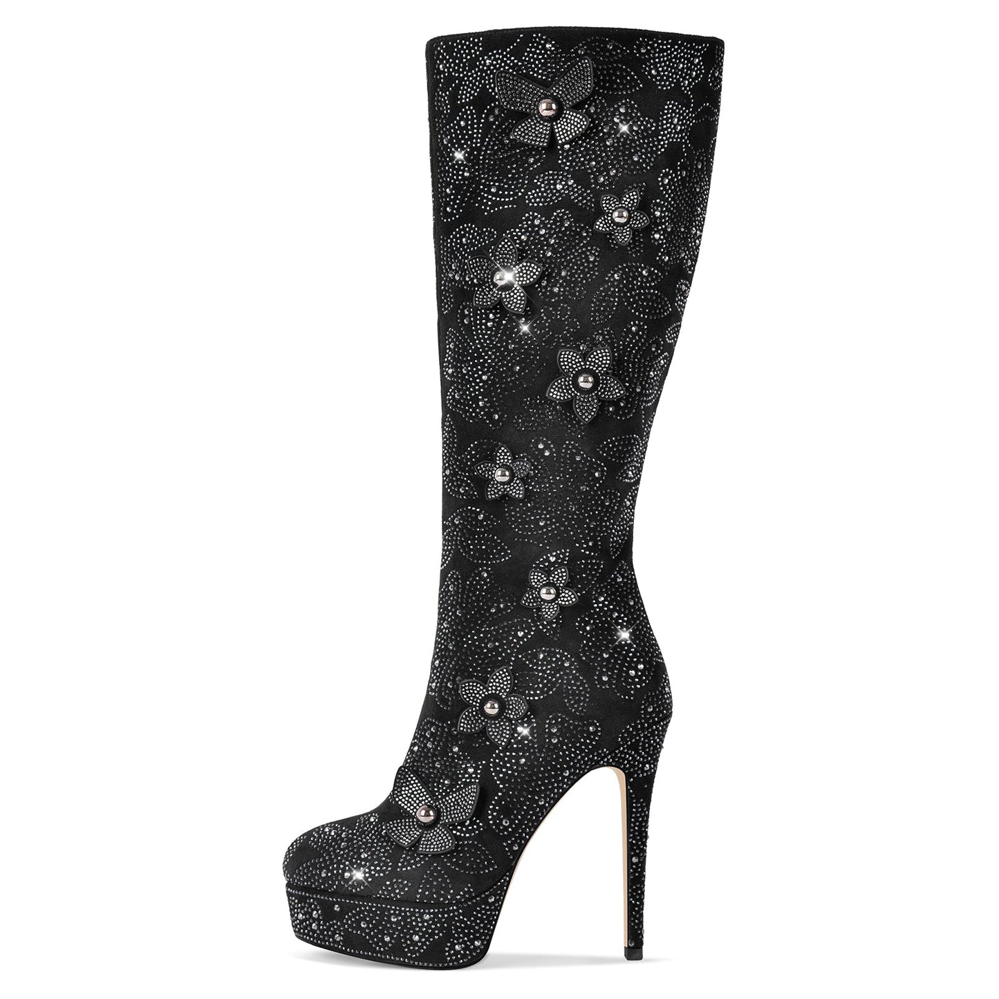Platform Rhinestone Flower Knee High Boots - Onlymaker