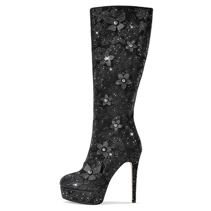 Platform Rhinestone Flower Knee High Boots - Onlymaker