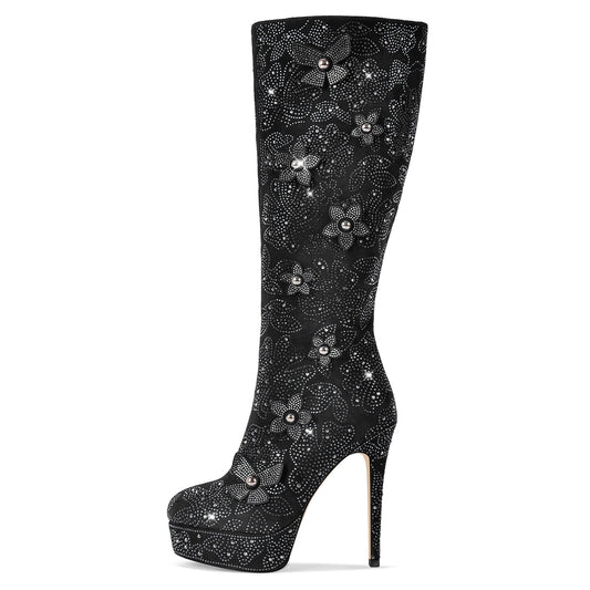 Platform Rhinestone Flower Knee High Boots - Onlymaker