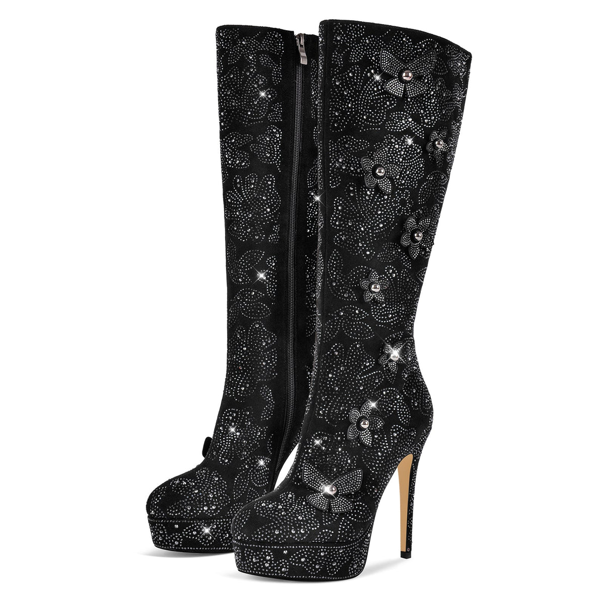Platform Rhinestone Flower Knee High Boots - Onlymaker
