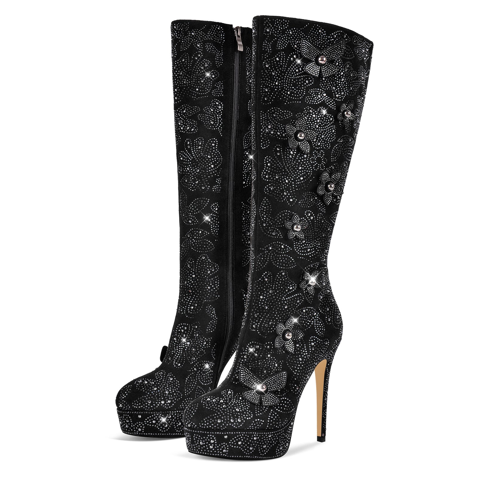 Platform Rhinestone Flower Knee High Boots - Onlymaker