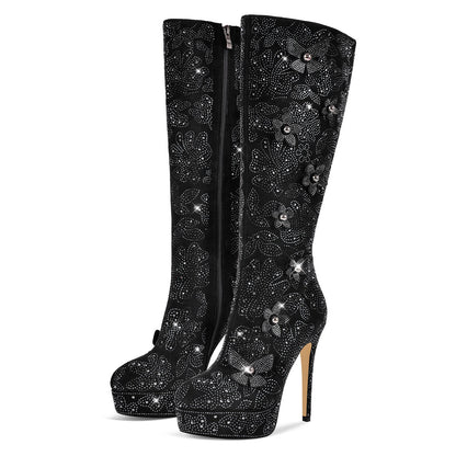 Platform Rhinestone Flower Knee High Boots - Onlymaker