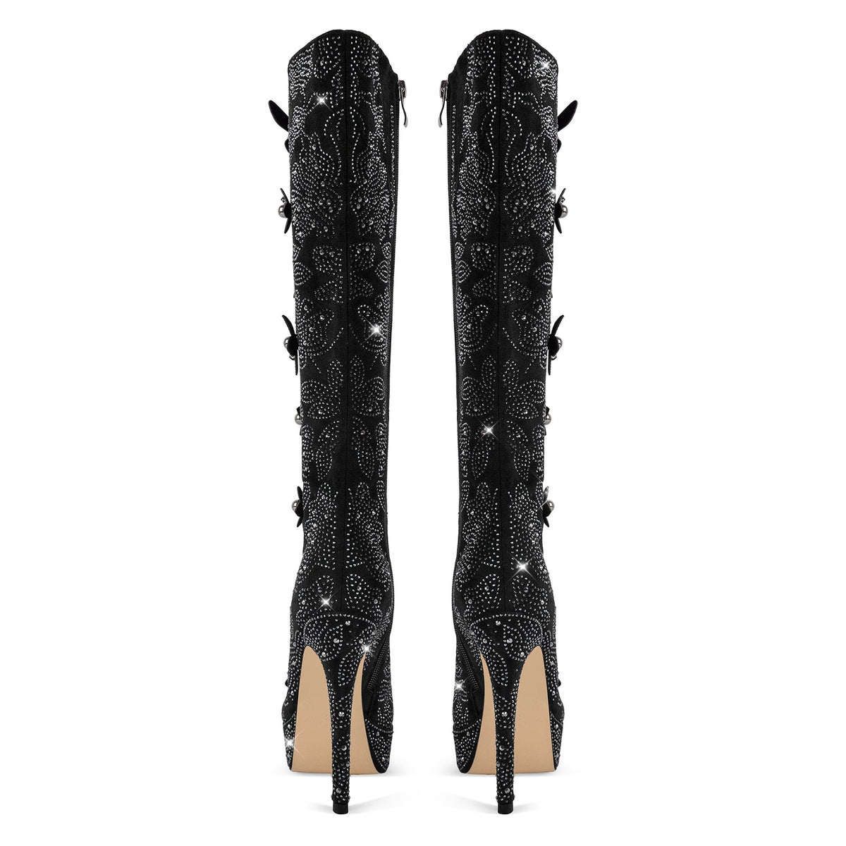 Platform Rhinestone Flower Knee High Boots - Onlymaker