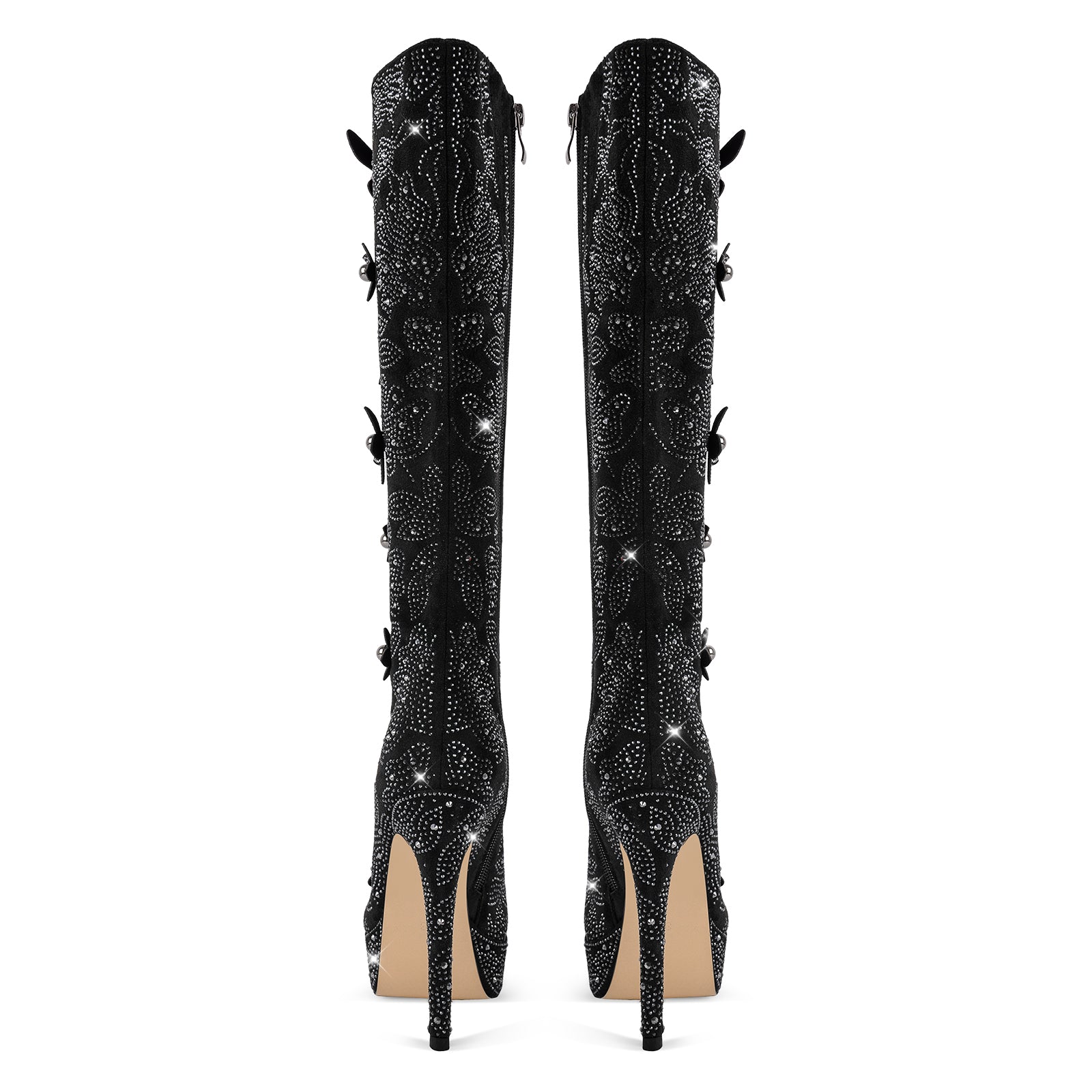 Platform Rhinestone Flower Knee High Boots - Onlymaker